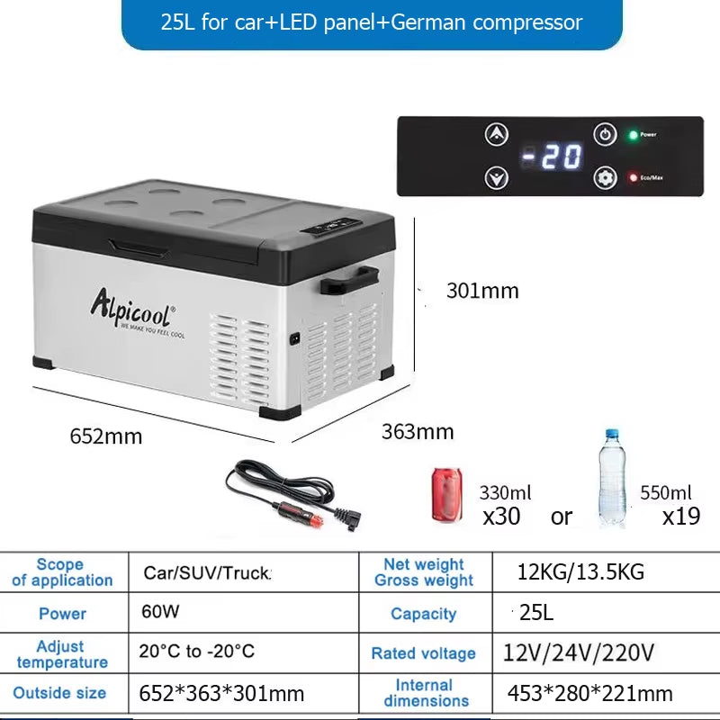 Alpicool 25L Car Refrigerator 12V24V Car Fridge Compressor Refrigeration Portable Cooler 220V Car Home LED Truck Freezer