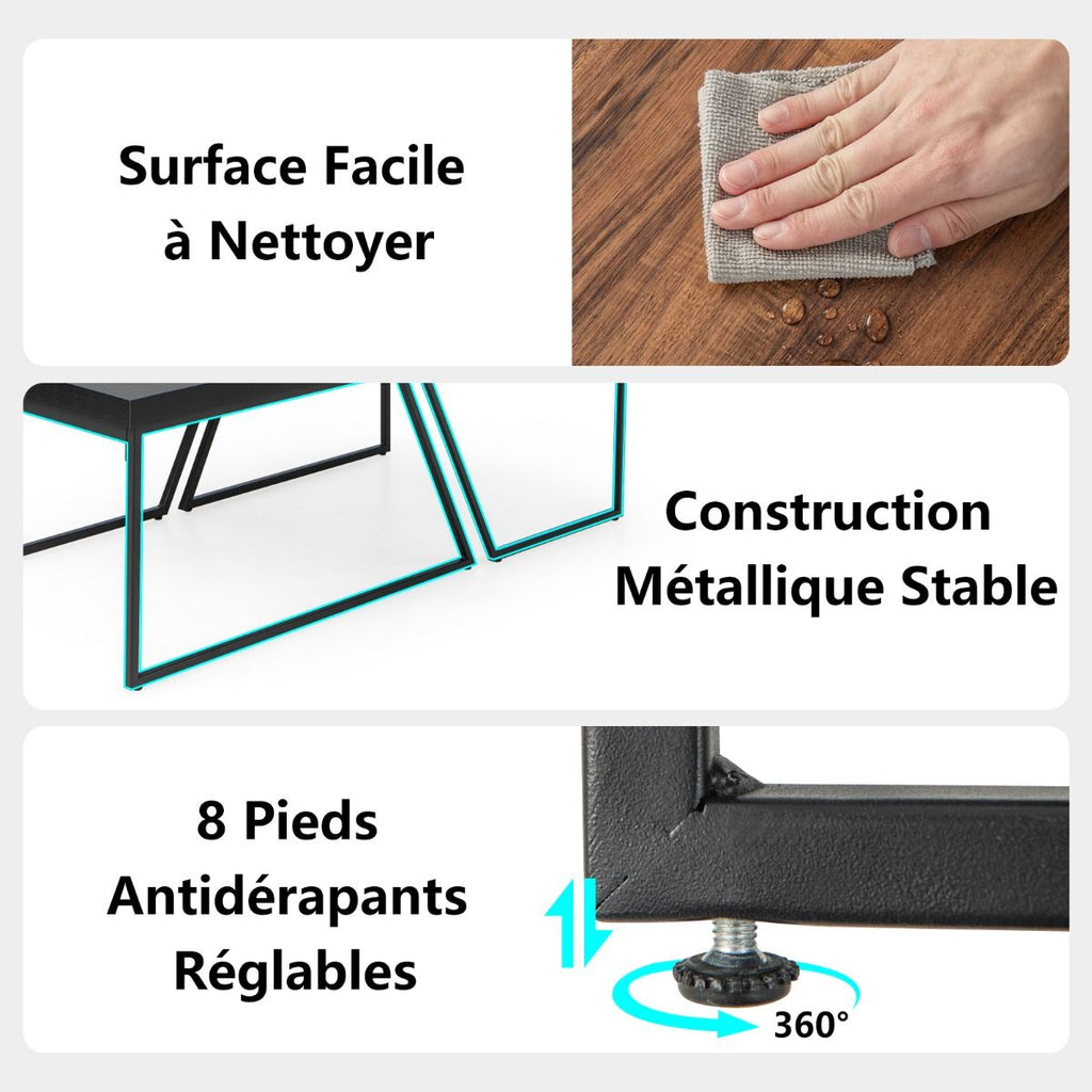 Lot De 2 Tables Basses Gigognes Avec Cadre Métal, Tables D'Appoint Style Industriel Avec 8 Pieds Antidérapants Réglables Noir+Marron