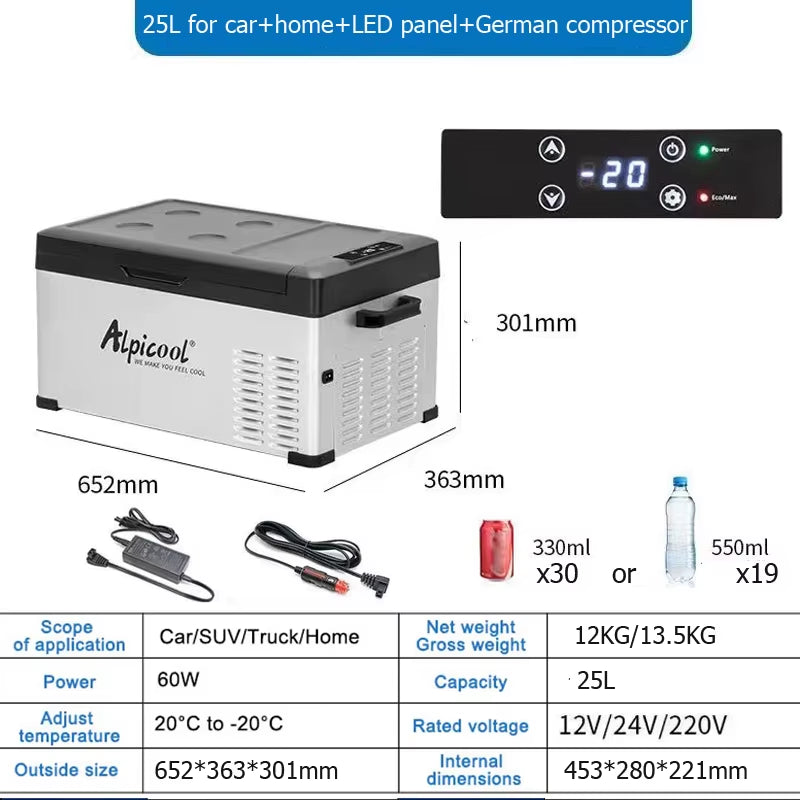 Alpicool 25L Car Refrigerator 12V24V Car Fridge Compressor Refrigeration Portable Cooler 220V Car Home LED Truck Freezer